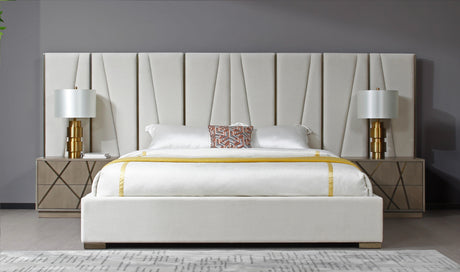 Nixa - Modern Beige Velvet + Brushed Bronze + Birch Bed + Nightstands-queen - View Image 1