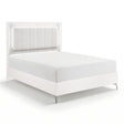 Glam White Queen Panel Bed LED Light Upholstered Headboard Faux Marble Laminated Top Chrome Metal Legs Bedroom Furniture 1pc