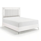 Glam White Queen Panel Bed LED Light Upholstered Headboard Faux Marble Laminated Top Chrome Metal Legs Bedroom Furniture 1pc