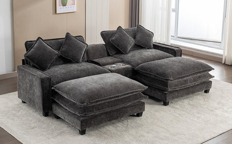 Modern Chenille Upholstered Sectional Sofa with Ottomans, USB Ports, Cup Holders, and Storage in Grey - sold by Home Elegance USA