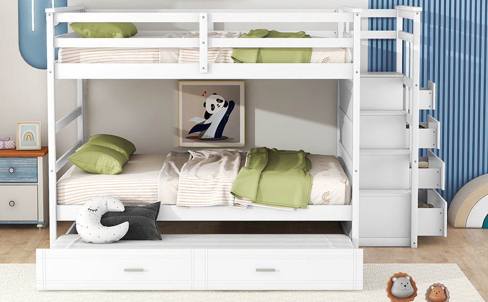 Full Over Full Bunk Bed with Twin Size Trundle and Staircase, White - Home Elegance USA