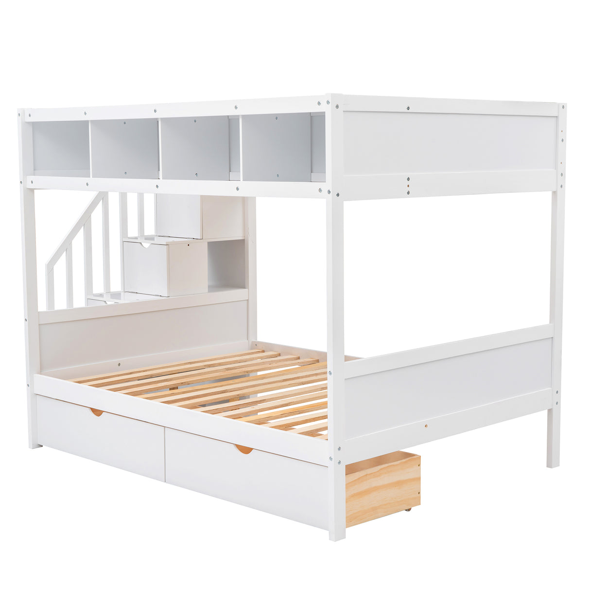 Twin over Full Bunk Bed with Shelfs, Storage Staircase and 2 Drawers, White - Home Elegance USA