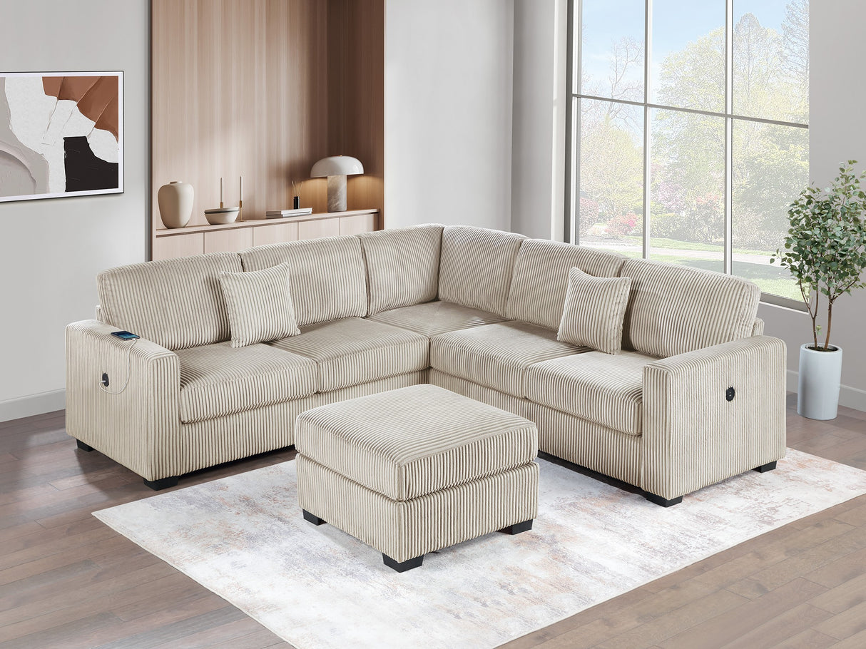Living Room Corduroy Upholstered Camel 4pc Sectional Set RAF/LAF One-Arm Loveseat W/USB, Corner Wedge, Cocktail Ottoman Cushion Couch