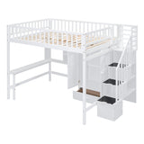 Full size Loft Bed with Bookshelf,Drawers,Desk,and Wardrobe-White - Home Elegance USA