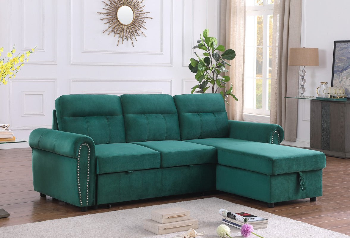 Ashton Green Velvet Fabric Reversible Sleeper Sectional Sofa Chaise | Home Elegance USA