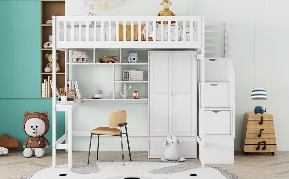 Full size Loft Bed with Bookshelf,Drawers,Desk,and Wardrobe-White - Home Elegance USA