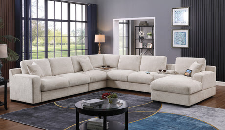 Celine 141.5' Beige Chenille Fabric Corner Sectional Sofa with Right-Facing Chaise, Cupholders, and Charging Ports - sold by Home Elegance USA