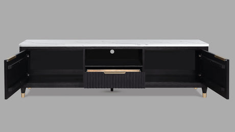1pc Modern Luxury and Sleek Black Fluted Wood Facade Pristine White Faux Marble Top Brass-tone Accents Tapered Legs Tv Stand Media Console - sold by Home Elegance USA