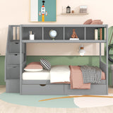 Twin over Full Bunk Bed with Shelfs, Storage Staircase and 2 Drawers, Gray - Home Elegance USA