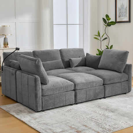 Modern Sectional Sofa Modular Sofa with Movable Ottoman, USB Ports & Phone Holder, Grey Chenille, 85.4' - sold by Home Elegance USA