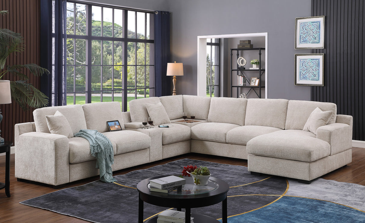 Chiara 141.5'W Beige Chenille Fabric Corner Sectional Sofa with Right-Facing Chaise, Cupholders, and Charging Ports