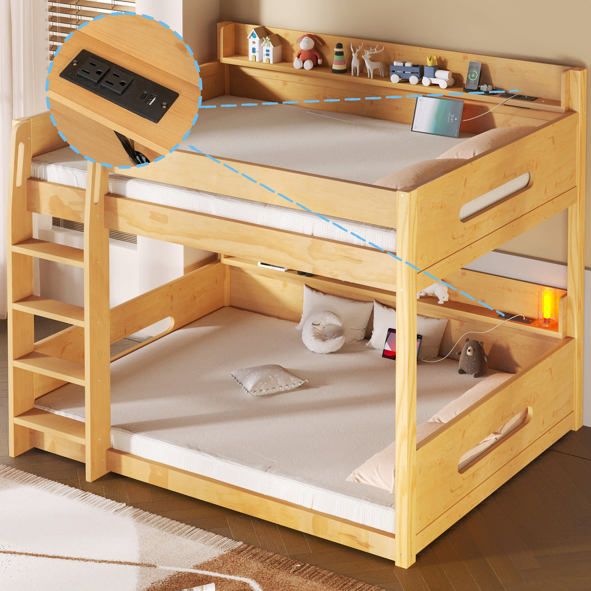 Queen over Queen Bunk Bed with Storage Shelves and USB Ports, Wood Color