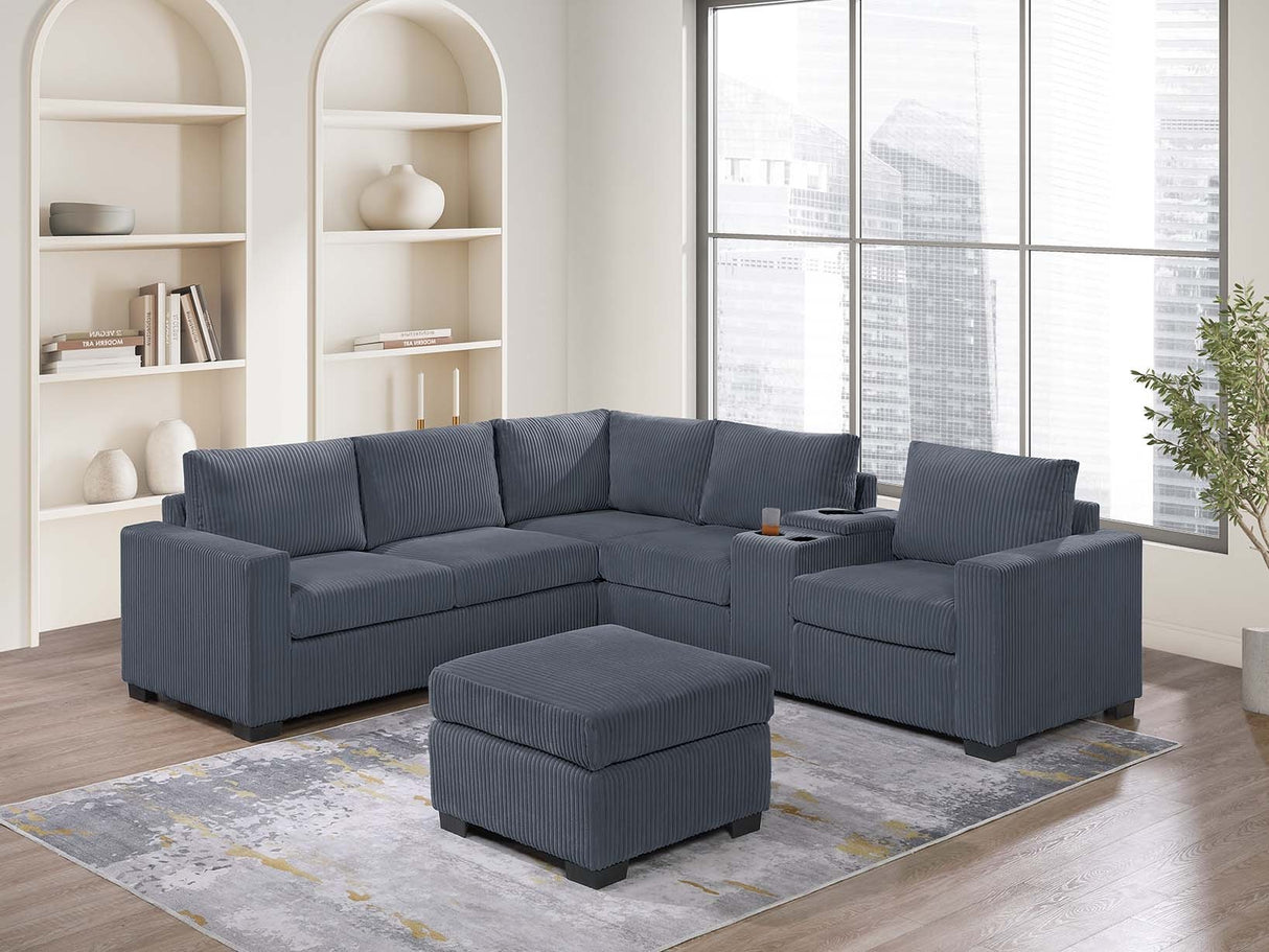 Modern Functional Dark Gray Corduroy Upholstered Sectional Set Living Room One Arm Loveseat Wedge Console Ottoman 4pc Couch Sofa Set