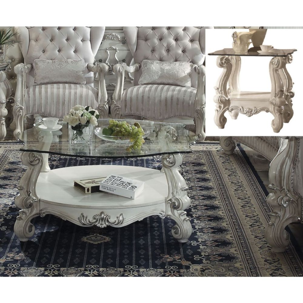 Acme - Versailles Coffee Table 82085 Clear Glass & Bone White Finish