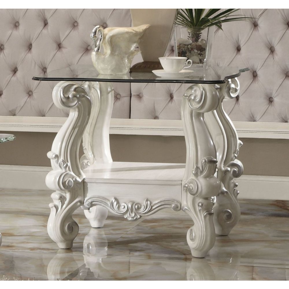 Acme - Versailles End Table 82104 Clear Glass & Bone White Finish