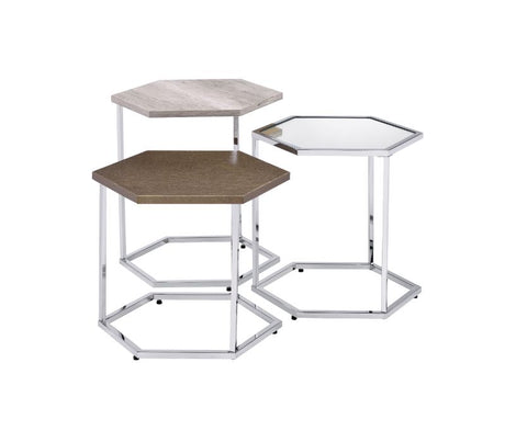 Acme - Simno Nesting Table Set 82105 Clear Glass, Taupe, Gray Washed & Chrome Finish