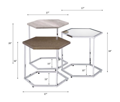 Acme - Simno Nesting Table Set 82105 Clear Glass, Taupe, Gray Washed & Chrome Finish