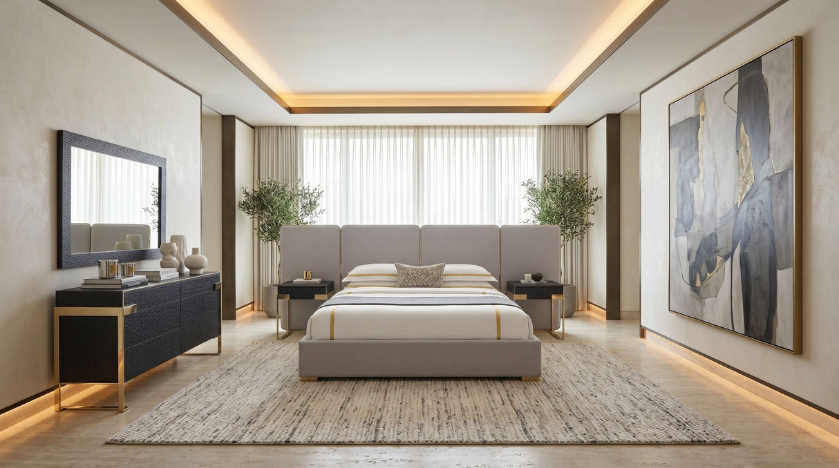 Eastern King Athena & Rothsay - Modern Grey Fabric + Wenge + Gold Bedroom Set