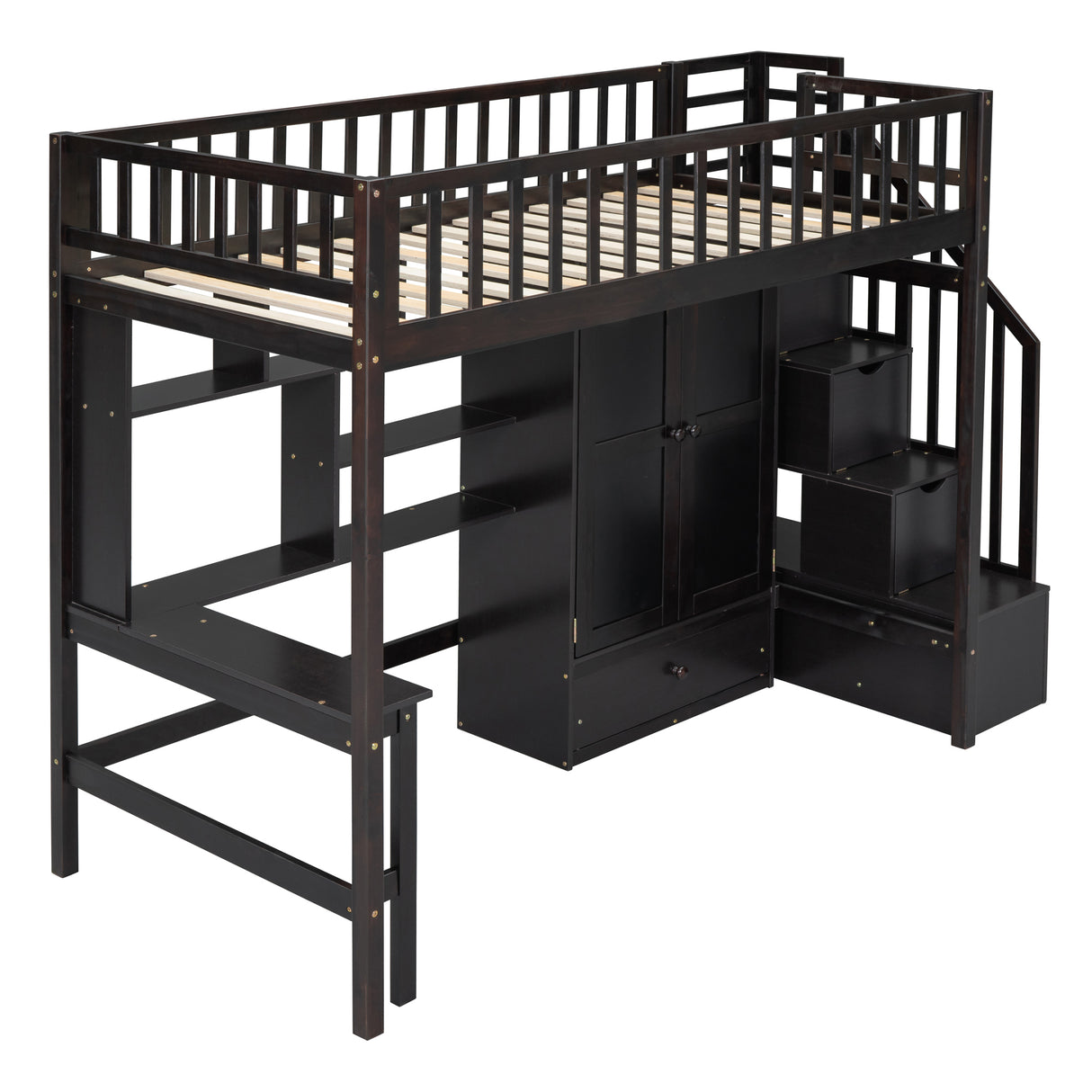 Twin size Loft Bed with Bookshelf,Drawers,Desk,and Wardrobe-Espresso - Home Elegance USA