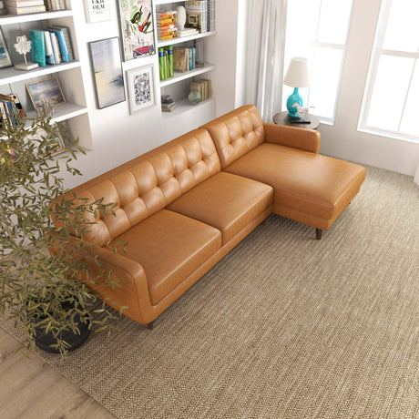 Allison Right-Facing Tan Leather Sectional Sofa Mid-Century Modern Style 113 x 59 x 32 Inches - sold by Home Elegance USA