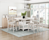 Juego de comedor de 7 piezas con altura de mostrador, mesa con acabado blanco antiguo, cajones de almacenamiento, estantes para vinos, 6 sillas y asiento tapizado.