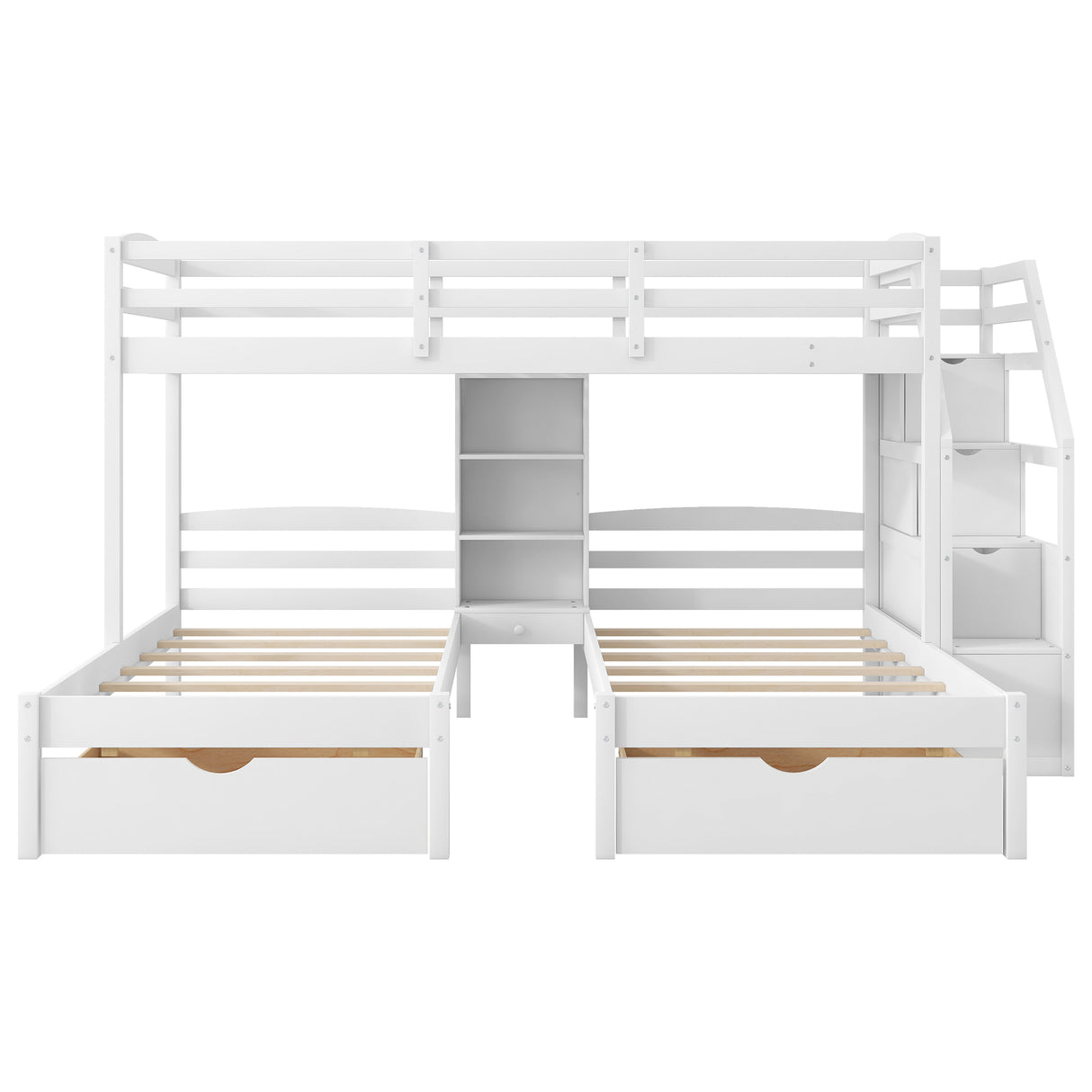 Twin over Twin&Twin Bunk Bed, Triple Bunk Bed with Drawers, Staircase with Storage, Built-in Shelves, White - sold by Home Elegance USA