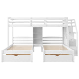 Twin over Twin&Twin Bunk Bed, Triple Bunk Bed with Drawers, Staircase with Storage, Built-in Shelves, White - sold by Home Elegance USA