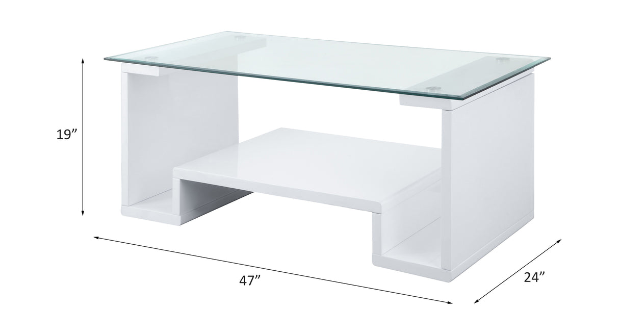 Acme - Nevaeh Coffee Table 82360 Clear Glass Top & White High Gloss Finish