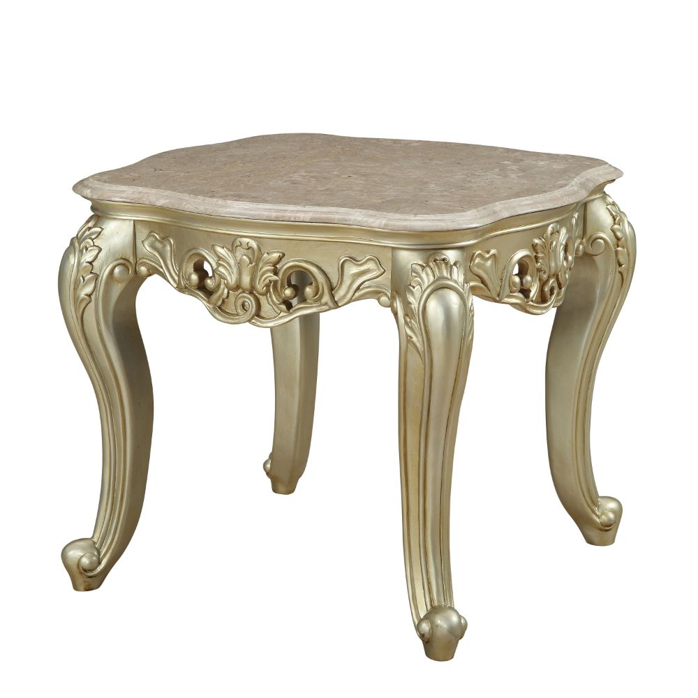 Acme - Gorsedd End Table W/Marble Top 82442 Marble Top & Golden Ivory Finish