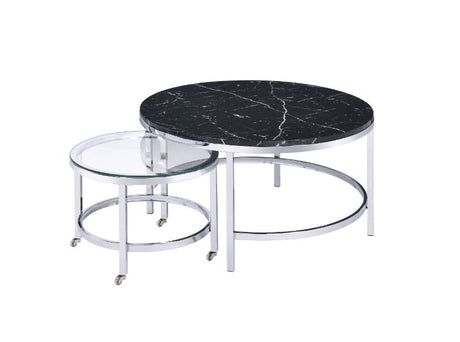 Acme - Virlana Nesting Table Set 82475 Clear Glass, Faux Black Marble Top & Chrome Finish