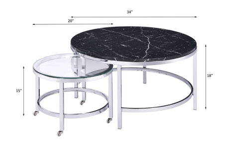 Acme - Virlana Nesting Table Set 82475 Clear Glass, Faux Black Marble Top & Chrome Finish