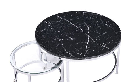 Acme - Virlana Nesting Table Set 82475 Clear Glass, Faux Black Marble Top & Chrome Finish