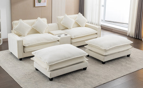 Chenille Upholstered Sectional Sofa with Removable Ottoman, USB Ports, Cup Holders, and Storage, Beige, 111' - sold by Home Elegance USA