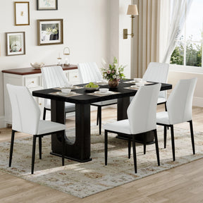 Table and chair set.64.5 x 35.4 Inch Stylish Black Wood Color Textured Dining Table.Paired with 6 Black - and - White PU Dining Chairs with Shell - pattern. Exudes A Strong Sense Of Fashion. - sold by Home Elegance USA