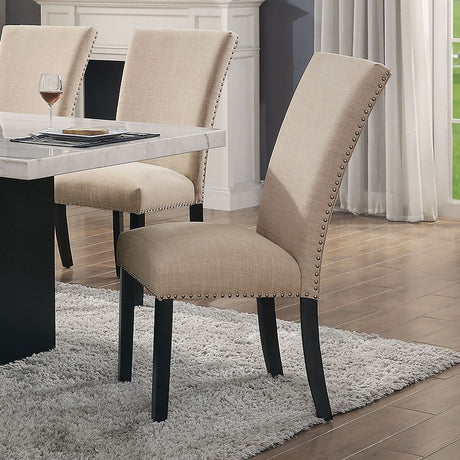 Gorgeous Marble Top Table w 6x Side Chairs Beige Fabric Upholstered Chair Dining Room 7pc Set Black Wooden Furniture - sold by Home Elegance USA