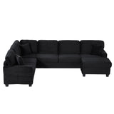 Upholstered U-shaped Sectional Sofa with Movable Ottoman and Side Storage Pockets in Black Corduroy, 125.2 inches