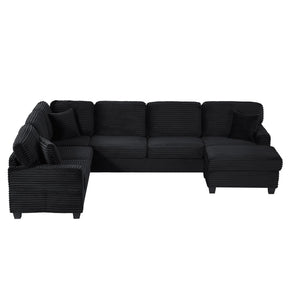 Upholstered U-shaped Sectional Sofa with Movable Ottoman and Side Storage Pockets in Black Corduroy, 125.2 inches - sold by Home Elegance USA