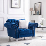 3 Piece Living Room Sofa Set, including 3 - Seater Sofa, Loveseat and Sofa Chair, with Button and Copper Nail on Arms and Back, Five White Villose Pillow, Blue. | Home Elegance USA