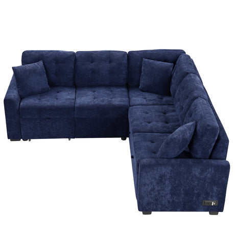 Navy Blue L-shape Sofa Bed with Pull-out Sleeper, USB Ports, Power Sockets, Corded Velveteen, 82.6' - sold by Home Elegance USA