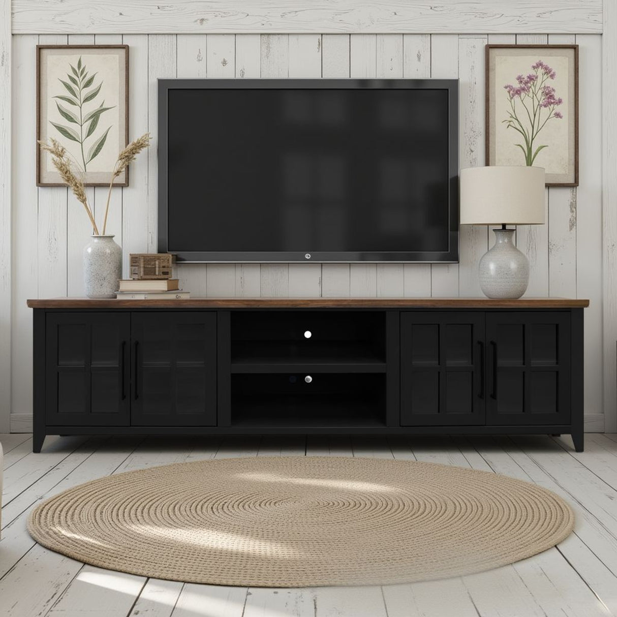 Providence 96 inch TV Stand Console, For TVs up to 100 inches, No Assembly Required, Black and Bourbon Finish