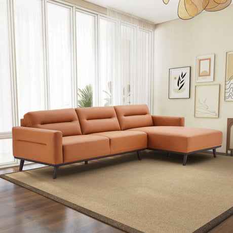 Ella Mid Century Modern L-Shaped Sectional Couch with Cognac Vegan Leather and Solid Wood Frame - sold by Home Elegance USA