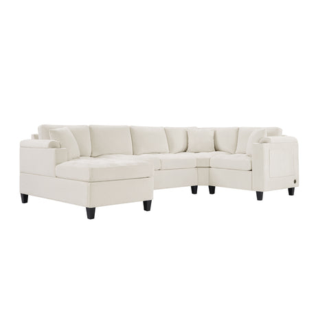 Modern U-shaped Sectional Sofa 115.7' with Built-in Cup Holders, Storage, USB Ports in Beige Chenille Fabric - sold by Home Elegance USA