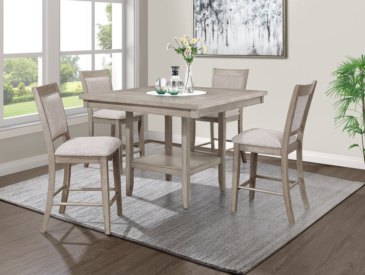 5pc Dining Set Contemporary Farmhouse Style Counter Height w 20-Inch White Faux Marble Lazy Susan All Tan / Beige Gray Finish Upholstered Chairs Wooden Wood Veneers Solid Wood Dining Room Furniture