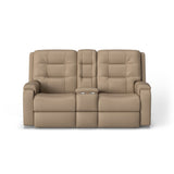 Arlo Transitional Leather Power Reclining Loveseat With Console & Power Headrests & Lumbar | Flexsteel