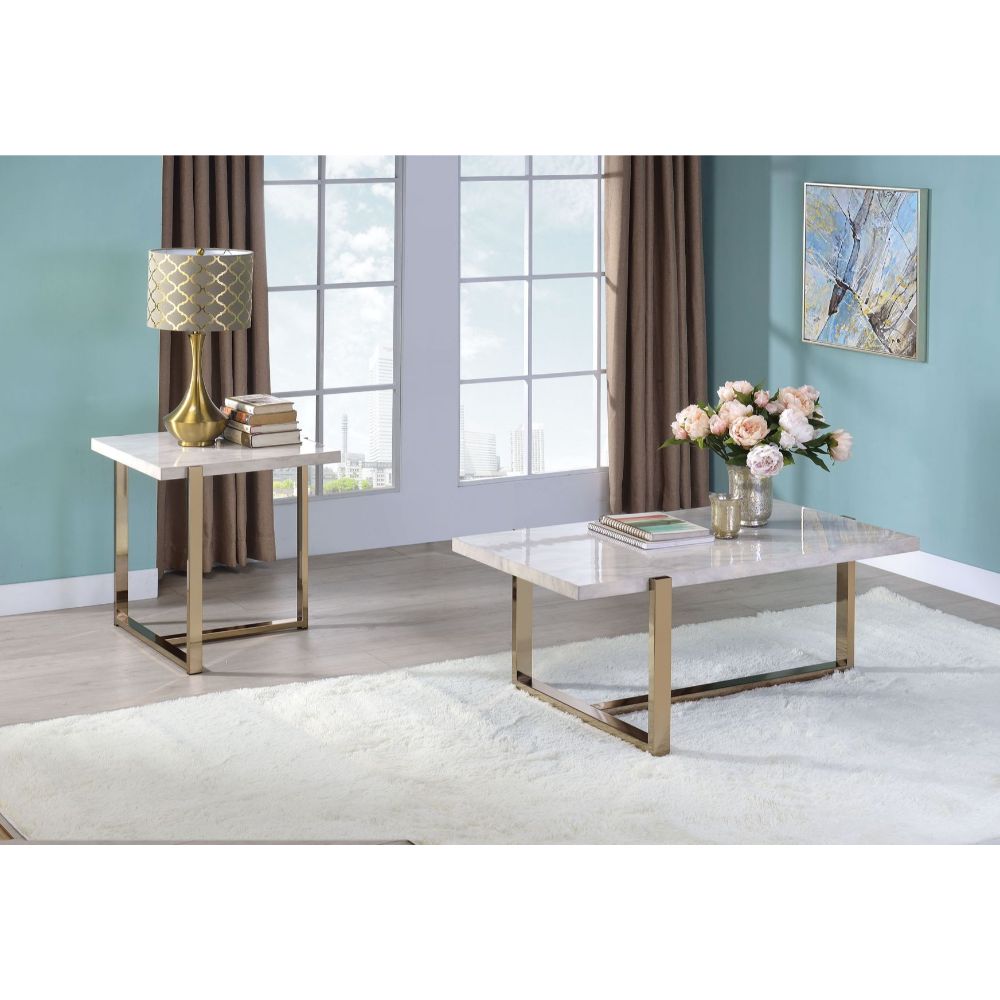 Acme - Feit End Table 83107 Faux Marble Top & Champagne Finish