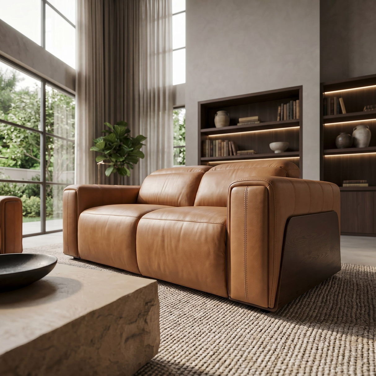 Sandstone - Modern Brown Leather Loveseat w/ 2 Electric Recliners - View Image 1