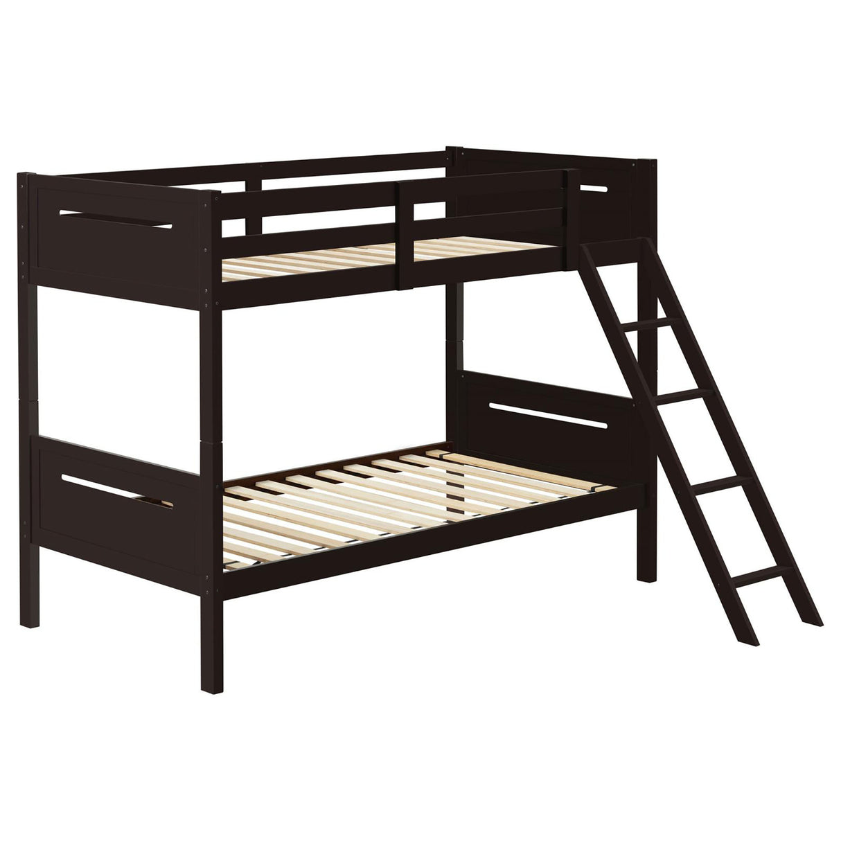 Modern Brown Rubberwood Twin/Twin Bunk Bed with Angled Ladder and Guardrails