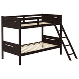 Modern Brown Rubberwood Twin/Twin Bunk Bed with Angled Ladder and Guardrails