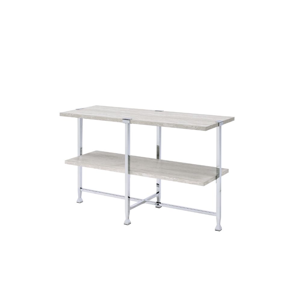 Acme - Brecon Sofa Table 83213 White Oak & Chrome Finish