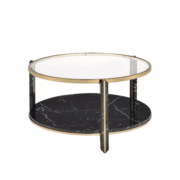 Acme - Thistle Coffee Table 83305 Clear Glass, Faux Black Marble Top & Champagne Finish